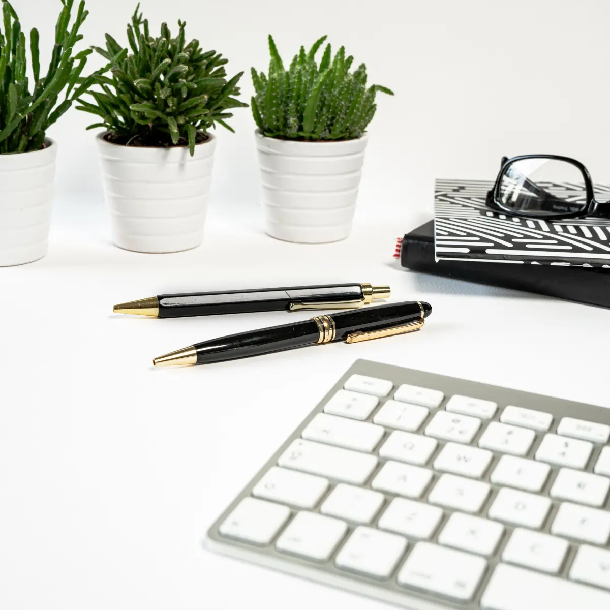 Minimalistischer Schreibtisch mit Tastatur, Kugelschreibern und Plfanzen